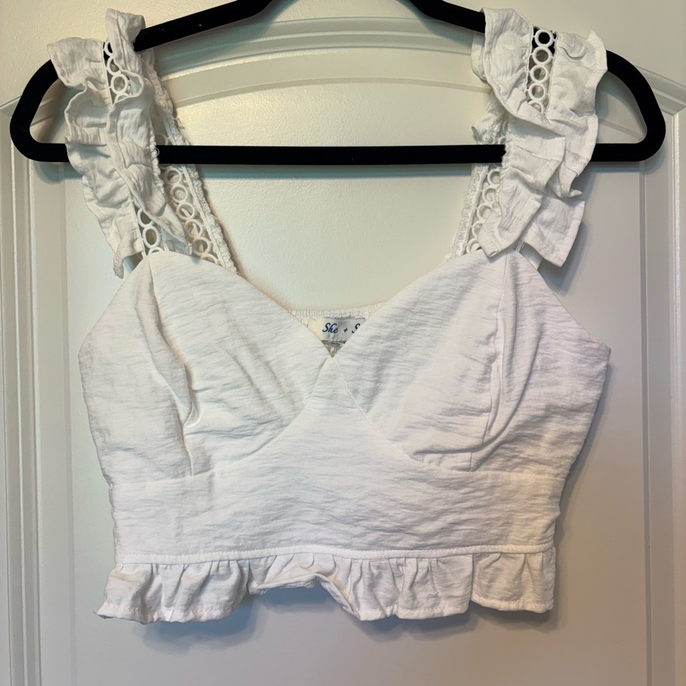 She + Sky White Ruffled Smocked Tank Top